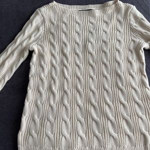 LAUREN Ralph Lauren Cable-Knit Cotton Boatneck Sweater in Winter Cream sz M